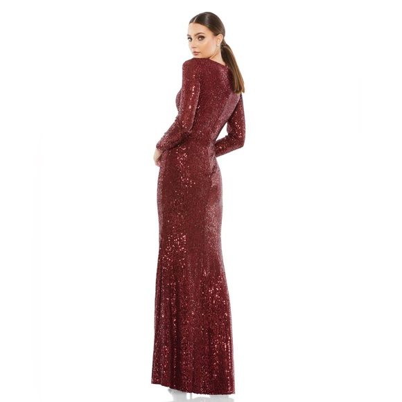 NEW Mac Duggal Wine Red Sequined Faux Wrap Long Sleeve Gown NWT Size 14 - Picture 3 of 9